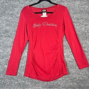 Harley Davidson Womens Large Red Ruched Corpus Christi‎ Texas Long Sleeve Shirt